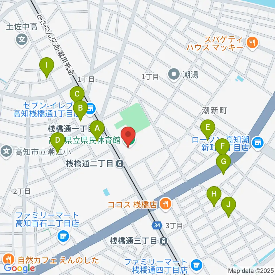 高知県立県民体育館周辺のカフェ一覧地図