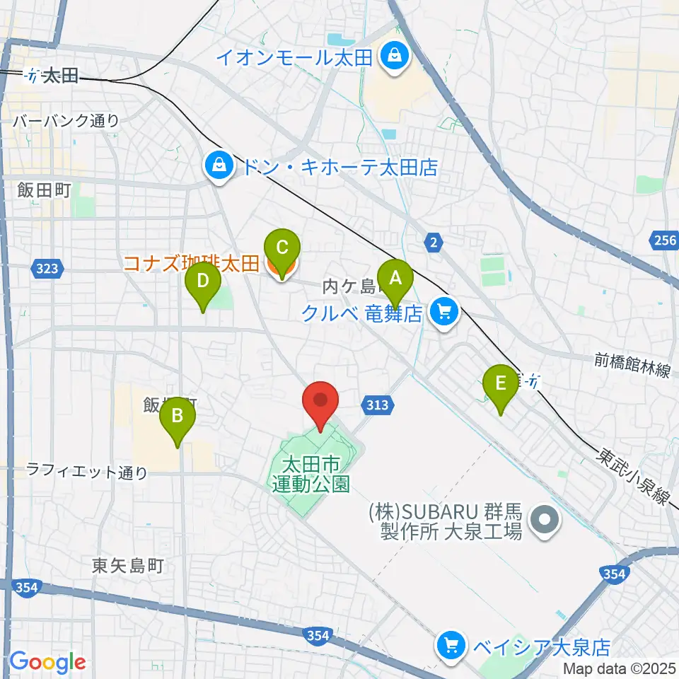 太田市運動公園市民体育館周辺のカフェ一覧地図