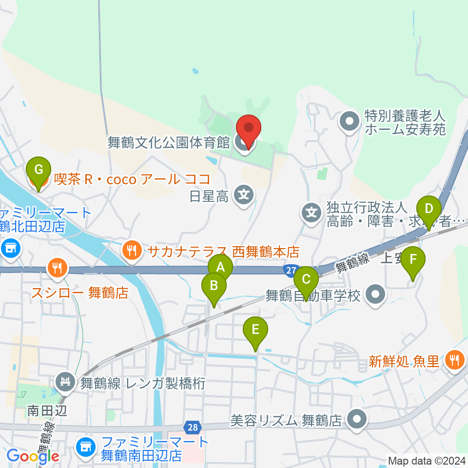 舞鶴文化公園体育館周辺のカフェ一覧地図