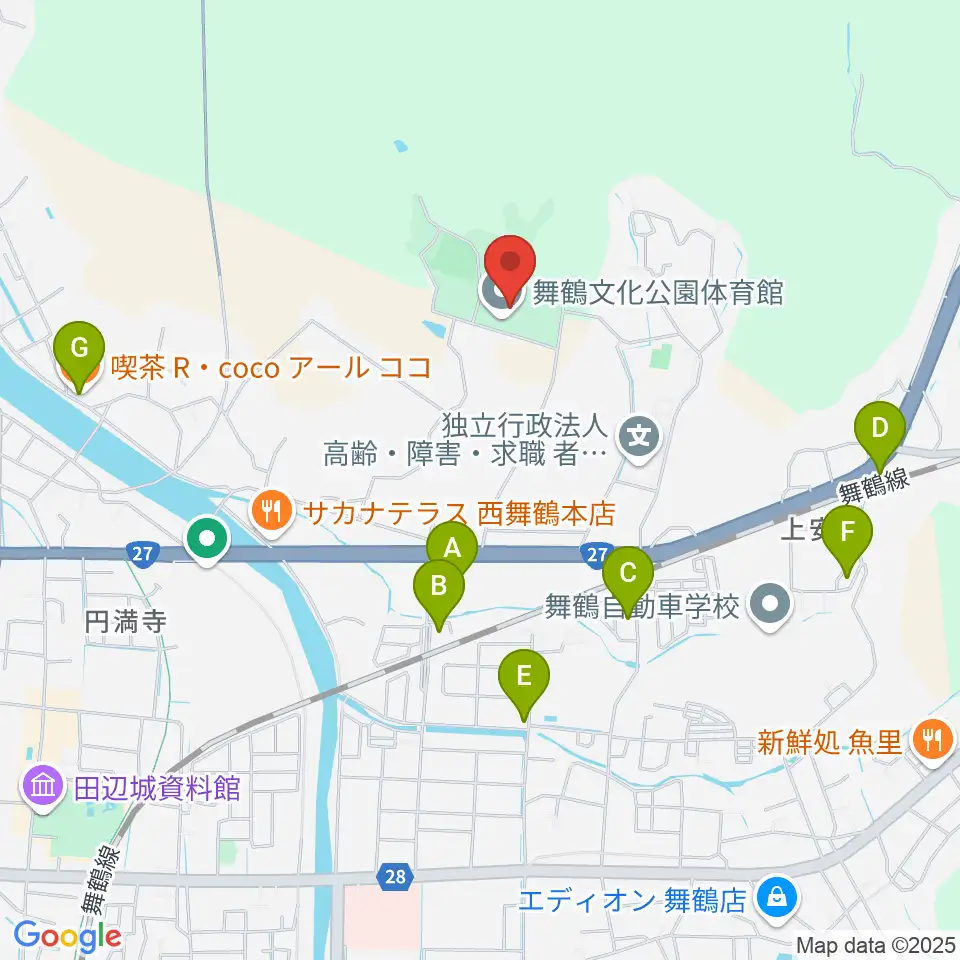 舞鶴文化公園体育館周辺のカフェ一覧地図