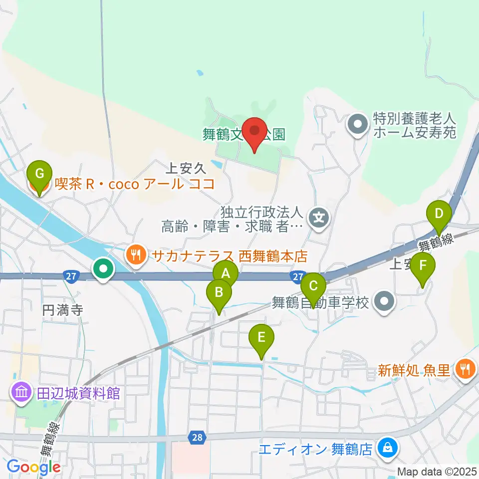 舞鶴文化公園体育館周辺のカフェ一覧地図