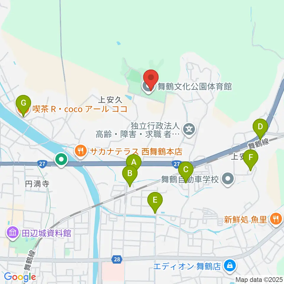 舞鶴文化公園体育館周辺のカフェ一覧地図