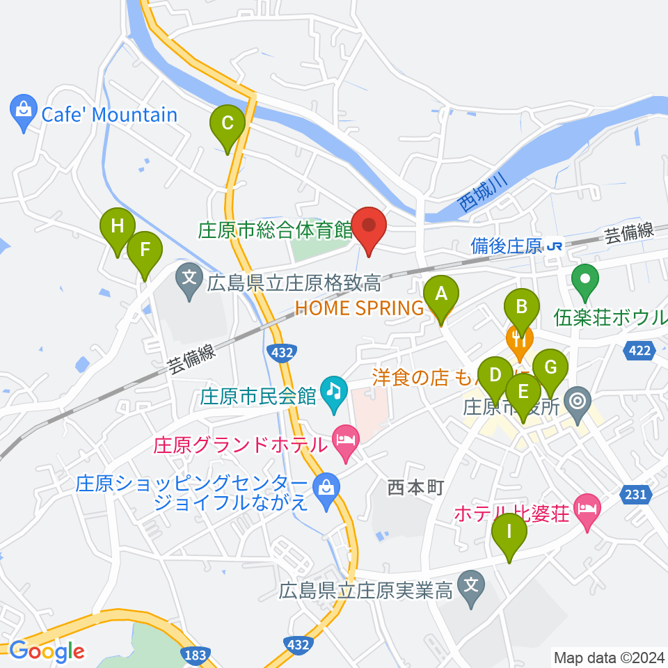 庄原市総合体育館周辺のカフェ一覧地図