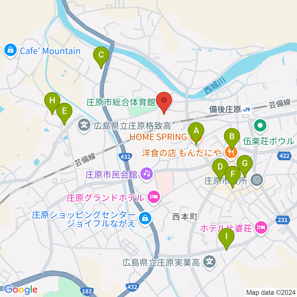 庄原市総合体育館周辺のカフェ一覧地図