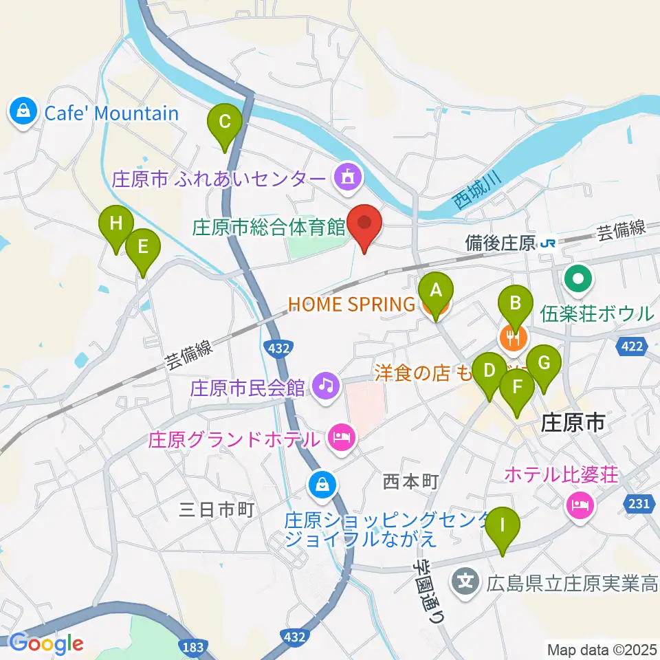 庄原市総合体育館周辺のカフェ一覧地図