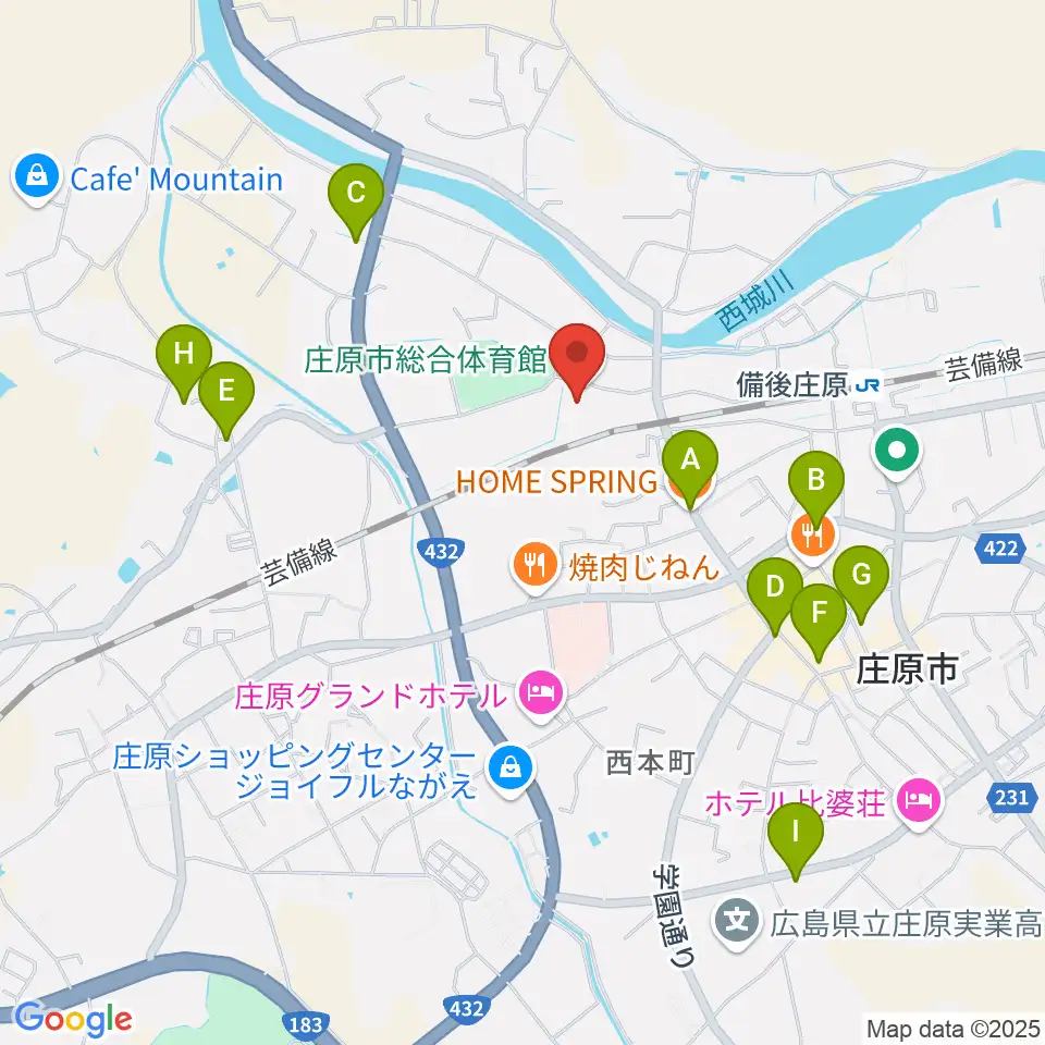 庄原市総合体育館周辺のカフェ一覧地図