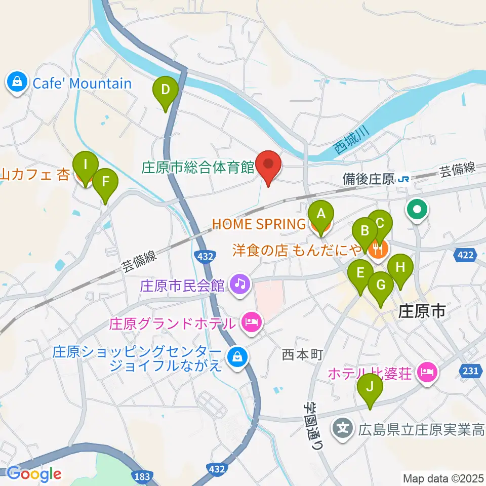 庄原市総合体育館周辺のカフェ一覧地図