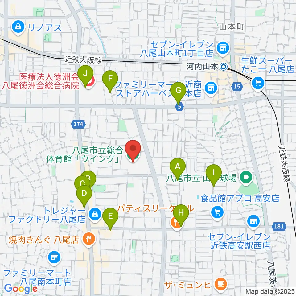 八尾市立総合体育館ウイング周辺のカフェ一覧地図