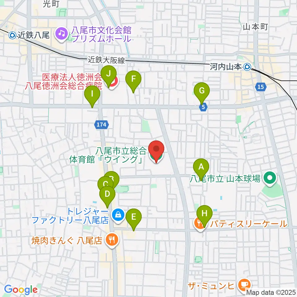 八尾市立総合体育館ウイング周辺のカフェ一覧地図