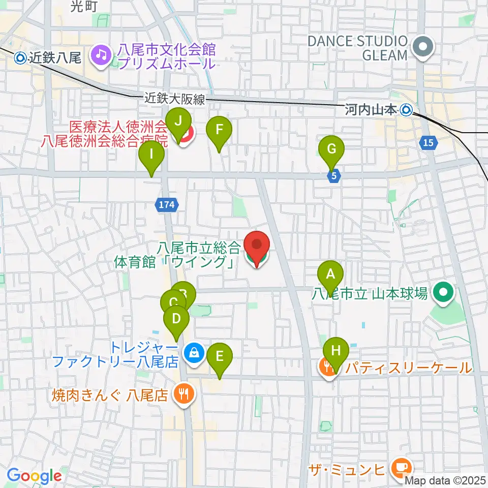八尾市立総合体育館ウイング周辺のカフェ一覧地図