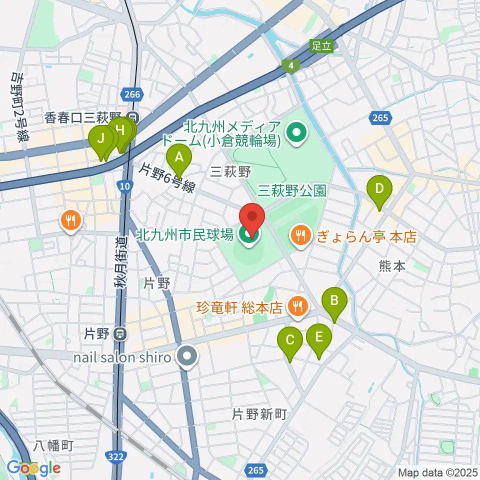 北九州市民球場周辺のカフェ一覧地図