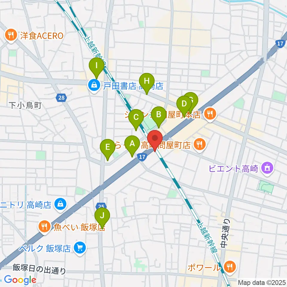 ピアノプラザ群馬ぴあの館周辺のカフェ一覧地図