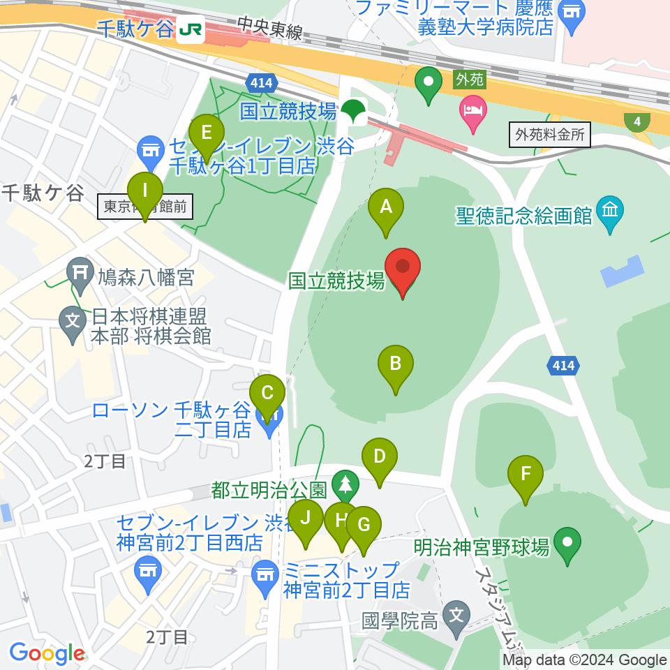 国立競技場周辺のカフェ一覧地図