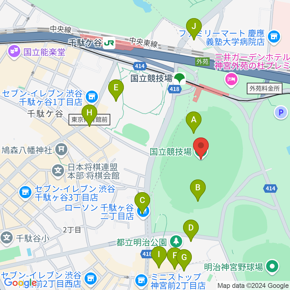 国立競技場周辺のカフェ一覧地図