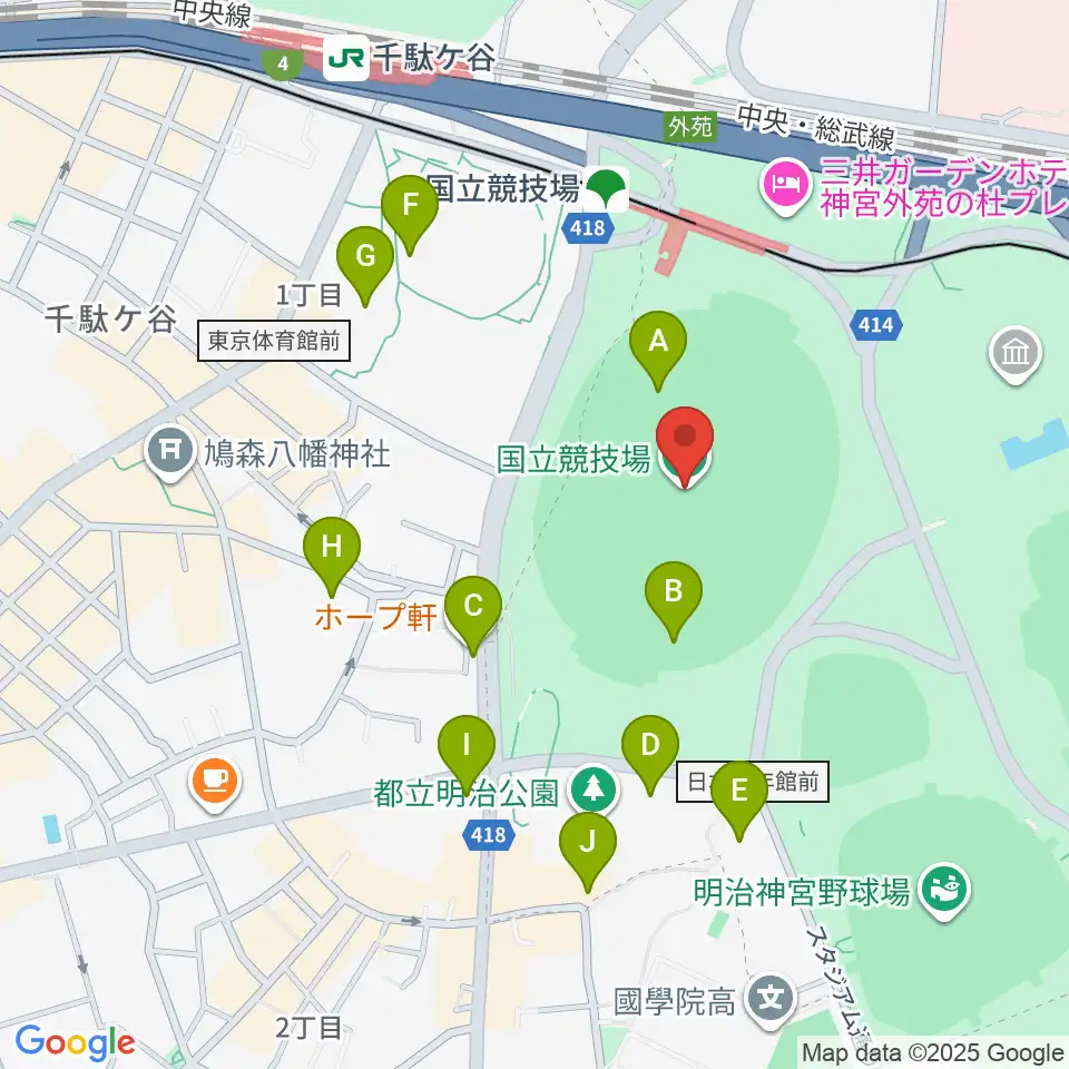 MUFGスタジアム周辺のカフェ一覧地図