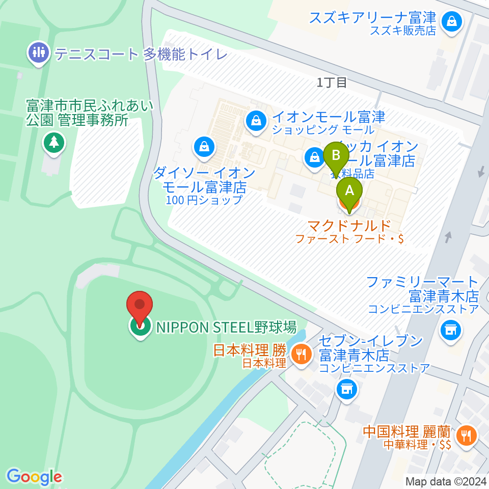 NIPPON STEEL 野球場周辺のカフェ一覧地図