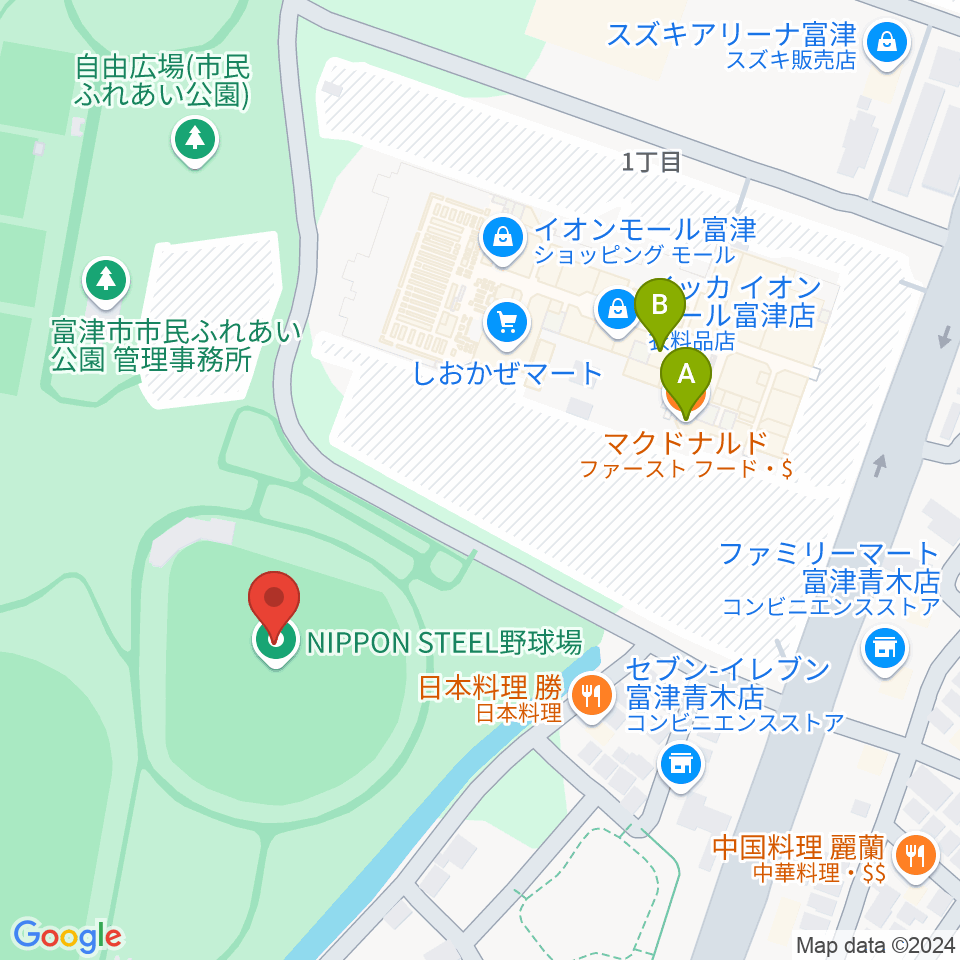 NIPPON STEEL 野球場周辺のカフェ一覧地図