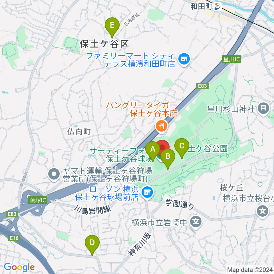 サーティーフォー保土ケ谷球場周辺のカフェ一覧地図