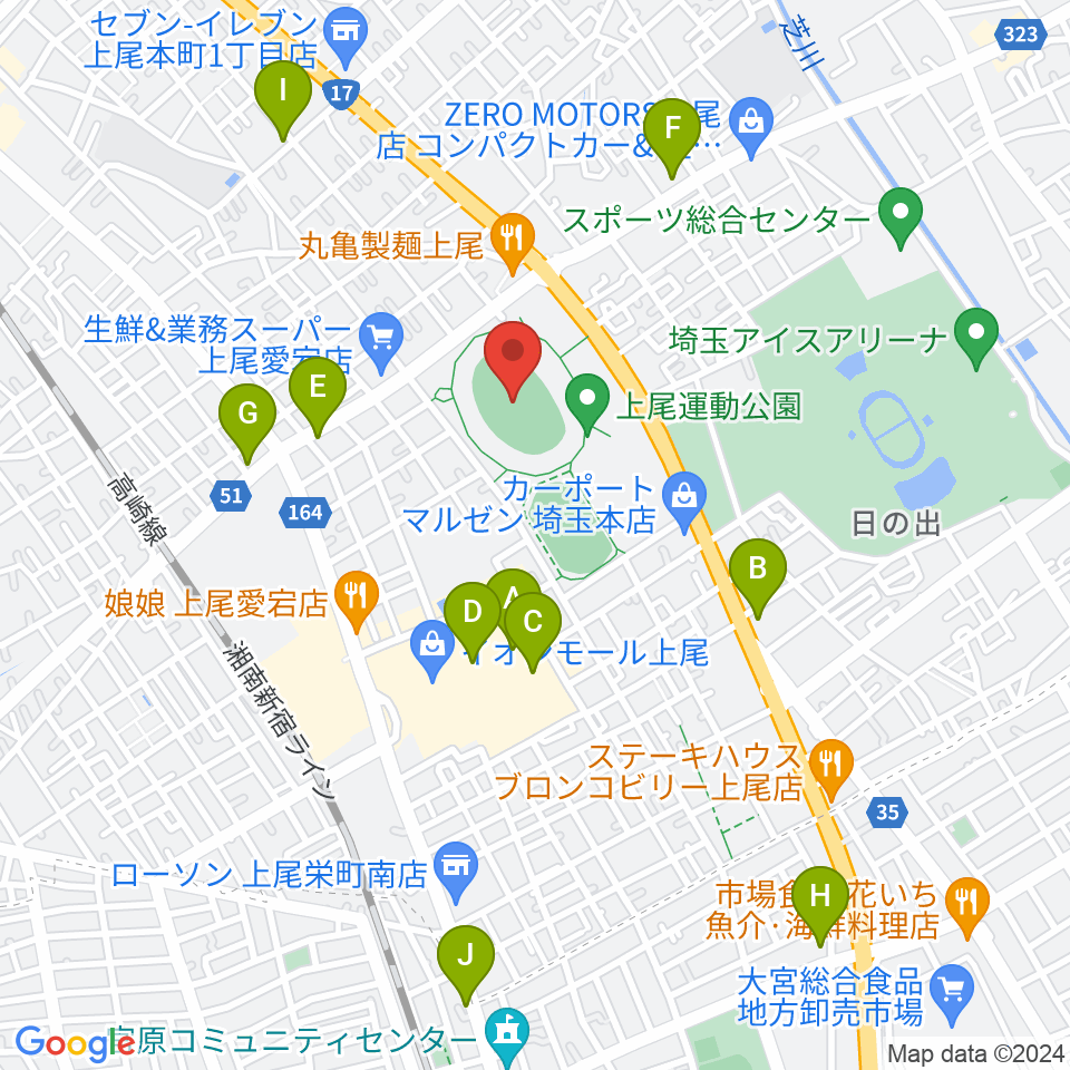 上尾運動公園陸上競技場周辺のカフェ一覧地図
