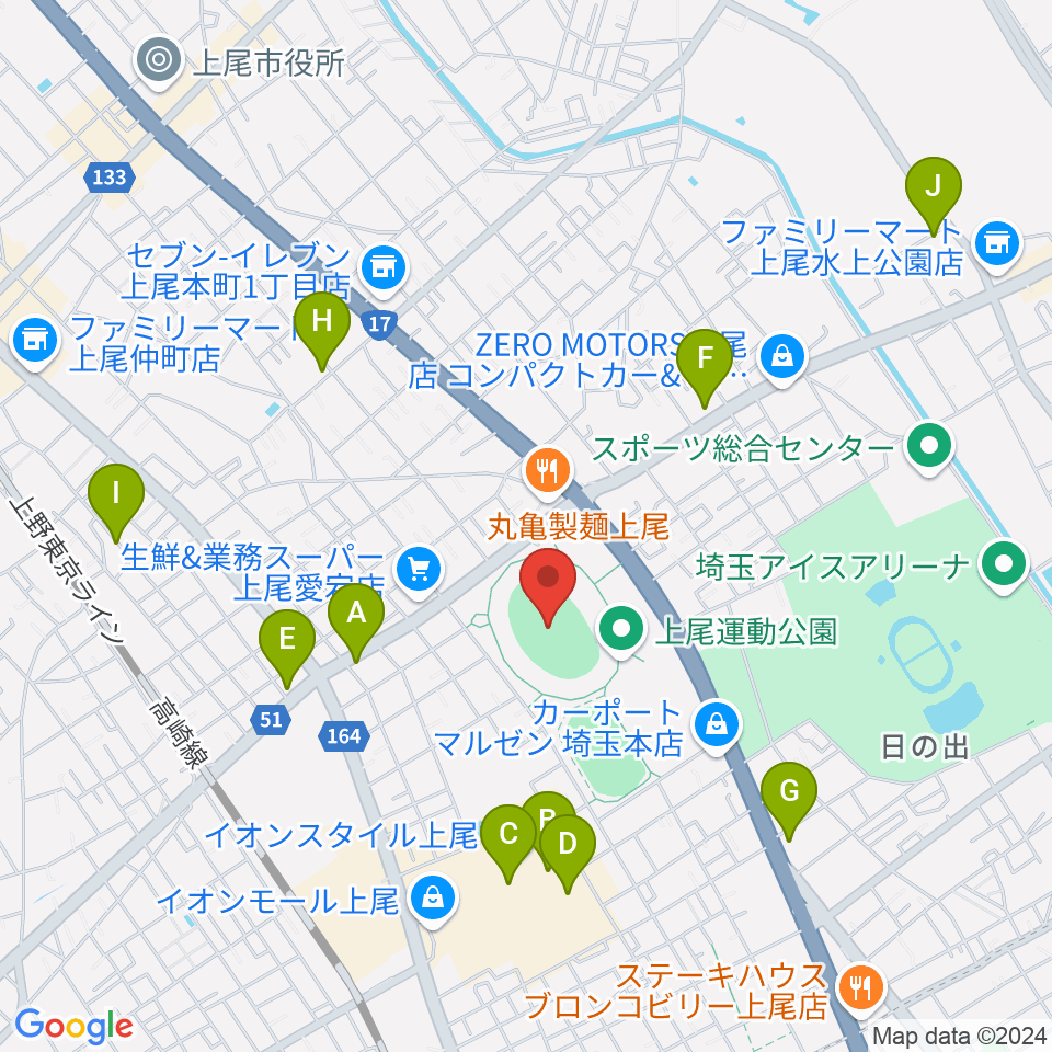 上尾運動公園陸上競技場周辺のカフェ一覧地図