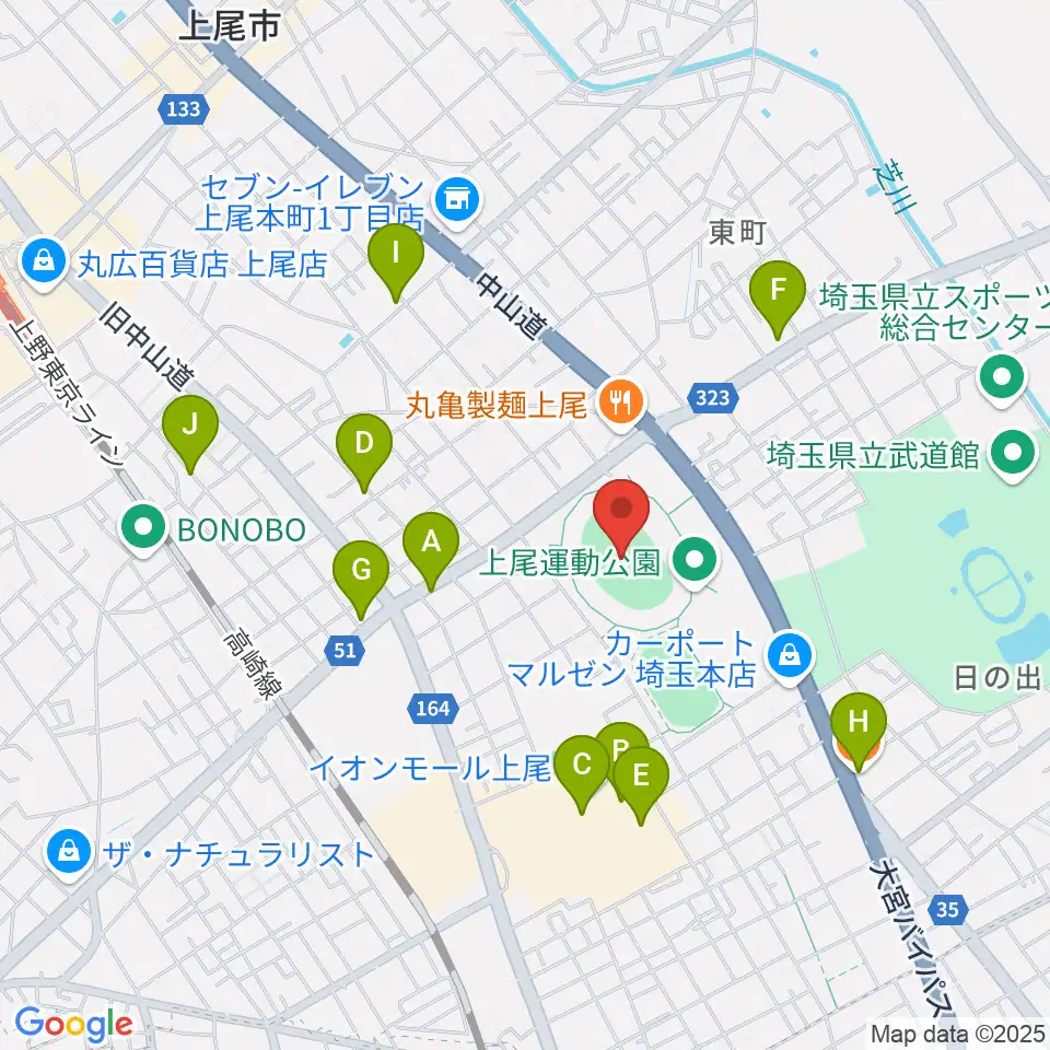 上尾運動公園陸上競技場周辺のカフェ一覧地図