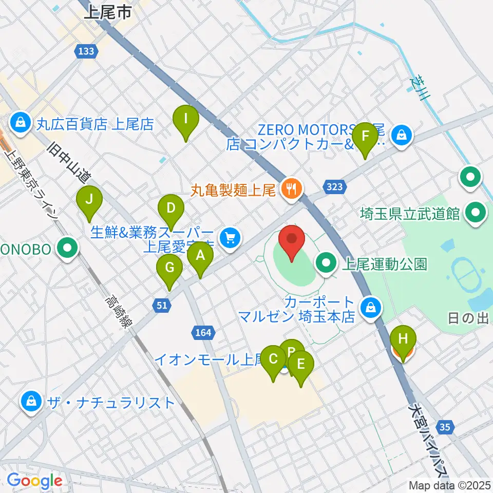 上尾運動公園陸上競技場周辺のカフェ一覧地図