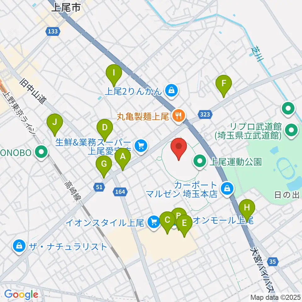 上尾運動公園陸上競技場周辺のカフェ一覧地図