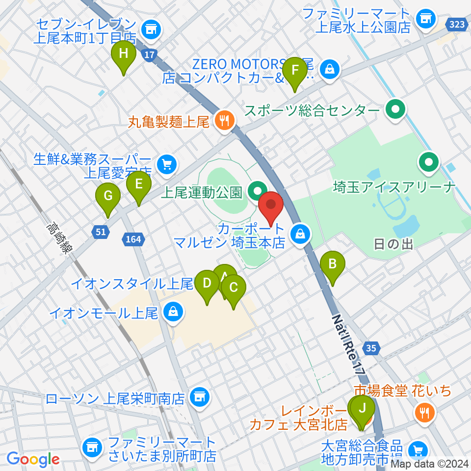 上尾運動公園体育館周辺のカフェ一覧地図