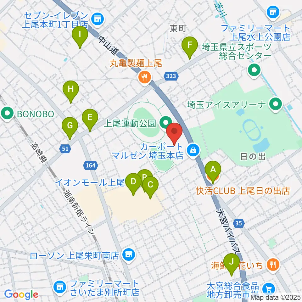 上尾運動公園体育館周辺のカフェ一覧地図