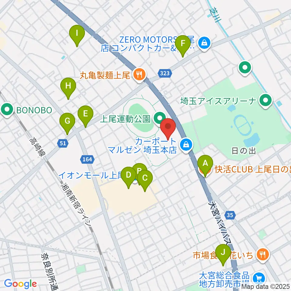 上尾運動公園体育館周辺のカフェ一覧地図
