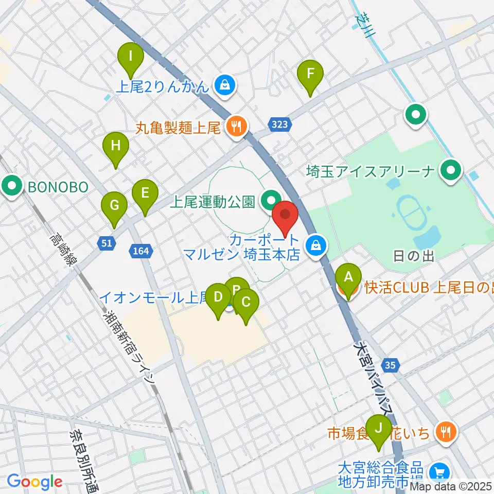 上尾運動公園体育館周辺のカフェ一覧地図