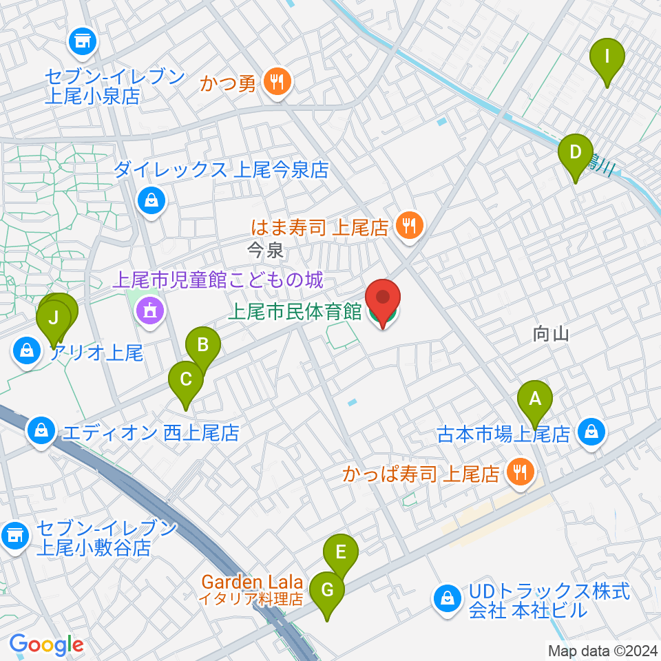 上尾市民体育館周辺のカフェ一覧地図