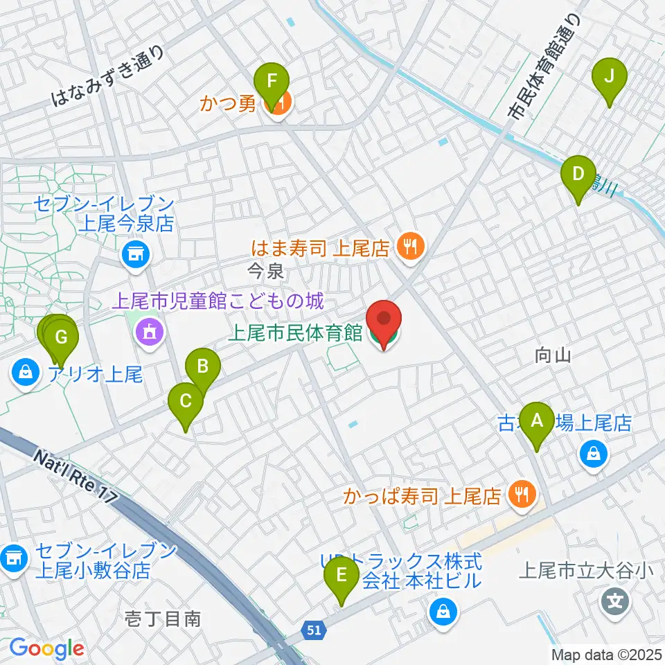 上尾市民体育館周辺のカフェ一覧地図