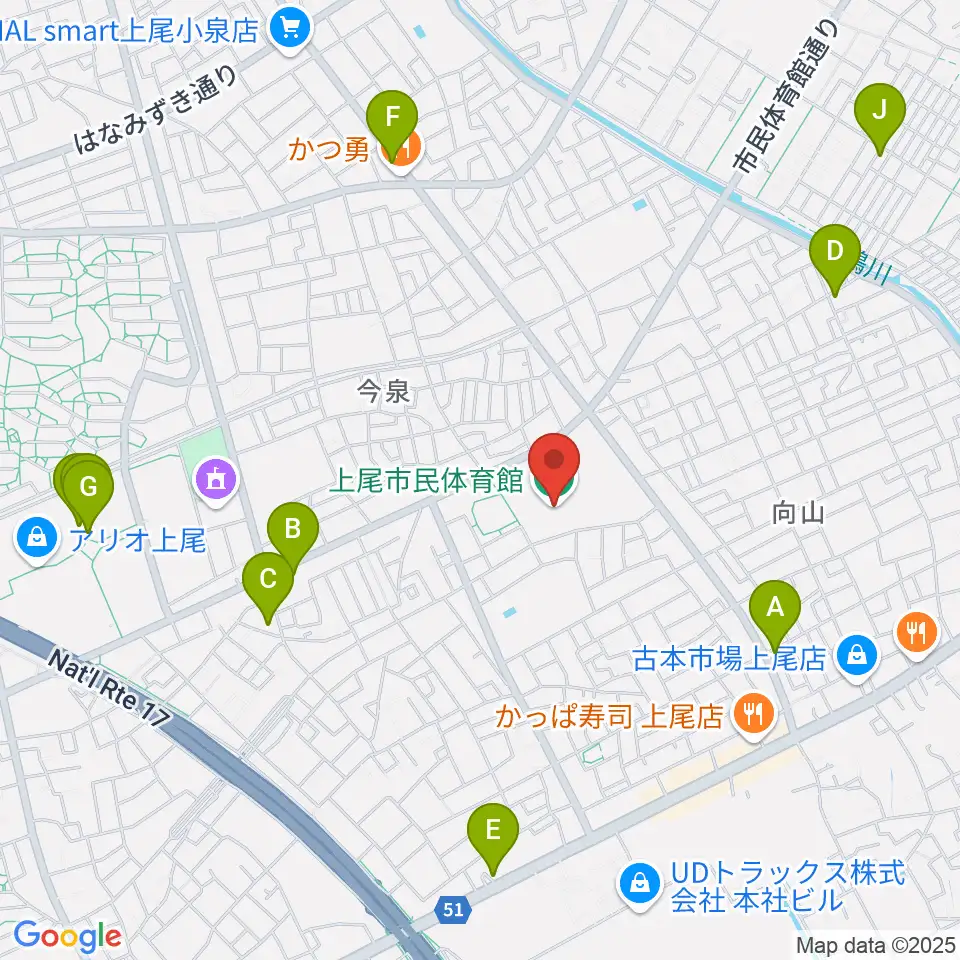 上尾市民体育館周辺のカフェ一覧地図