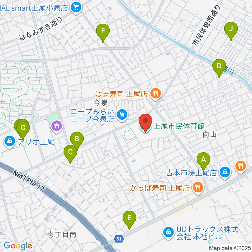 上尾市民体育館周辺のカフェ一覧地図