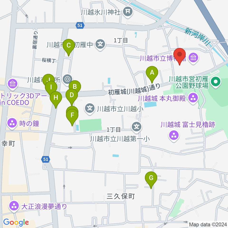 川越市立美術館周辺のカフェ一覧地図