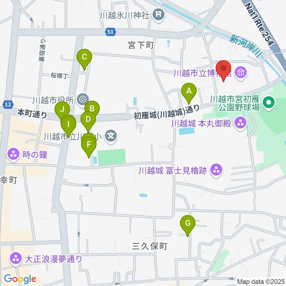 川越市立美術館周辺のカフェ一覧地図
