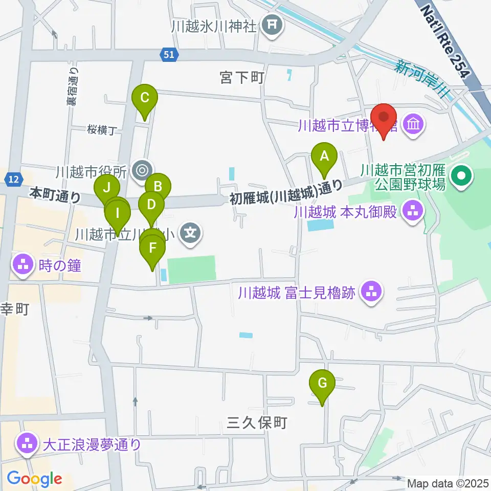 川越市立美術館周辺のカフェ一覧地図