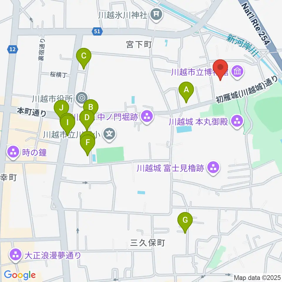 川越市立美術館周辺のカフェ一覧地図