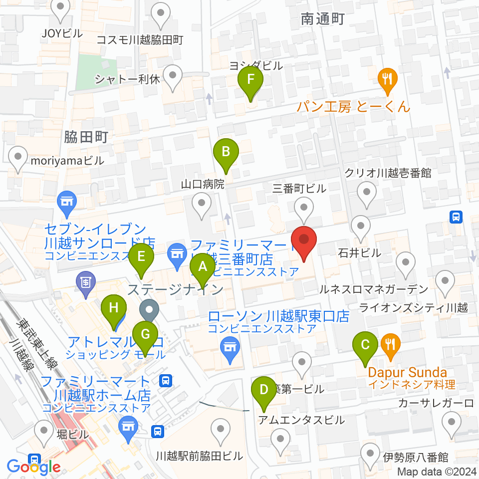 川越駅東口多目的ホール周辺のカフェ一覧地図