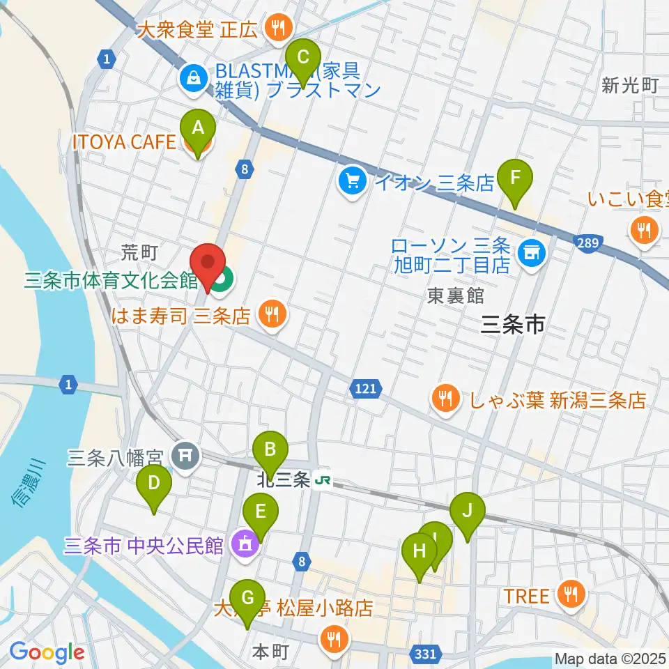 三条市体育文化会館周辺のカフェ一覧地図