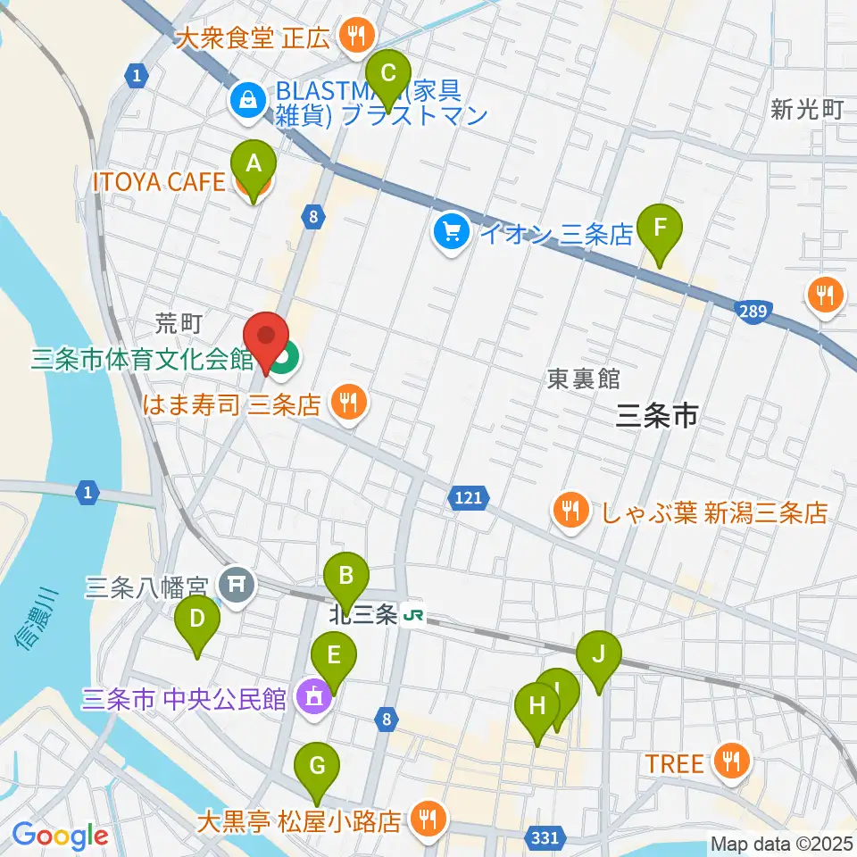 三条市体育文化会館周辺のカフェ一覧地図