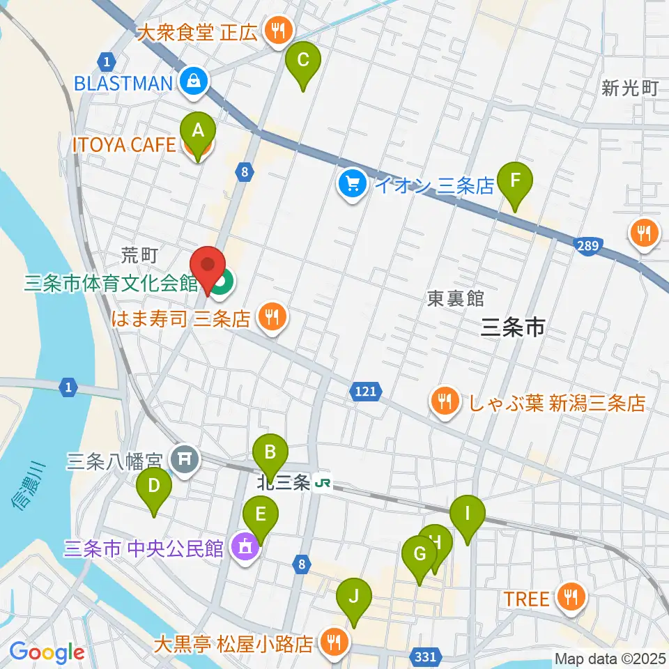 三条市体育文化会館周辺のカフェ一覧地図