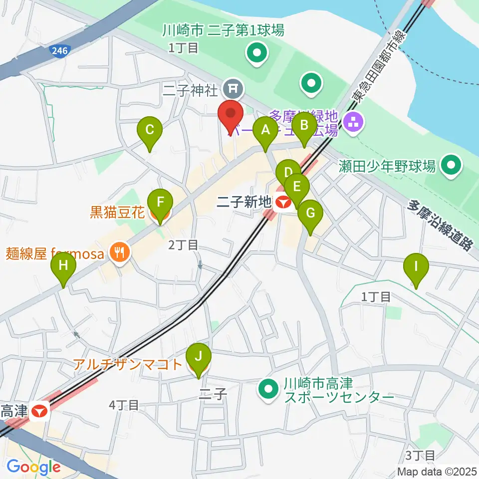 ふたこ音楽館周辺のカフェ一覧地図