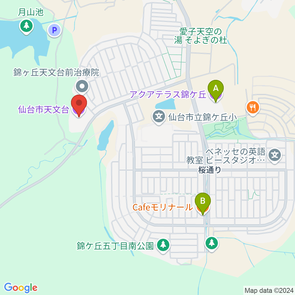 仙台市天文台周辺のカフェ一覧地図