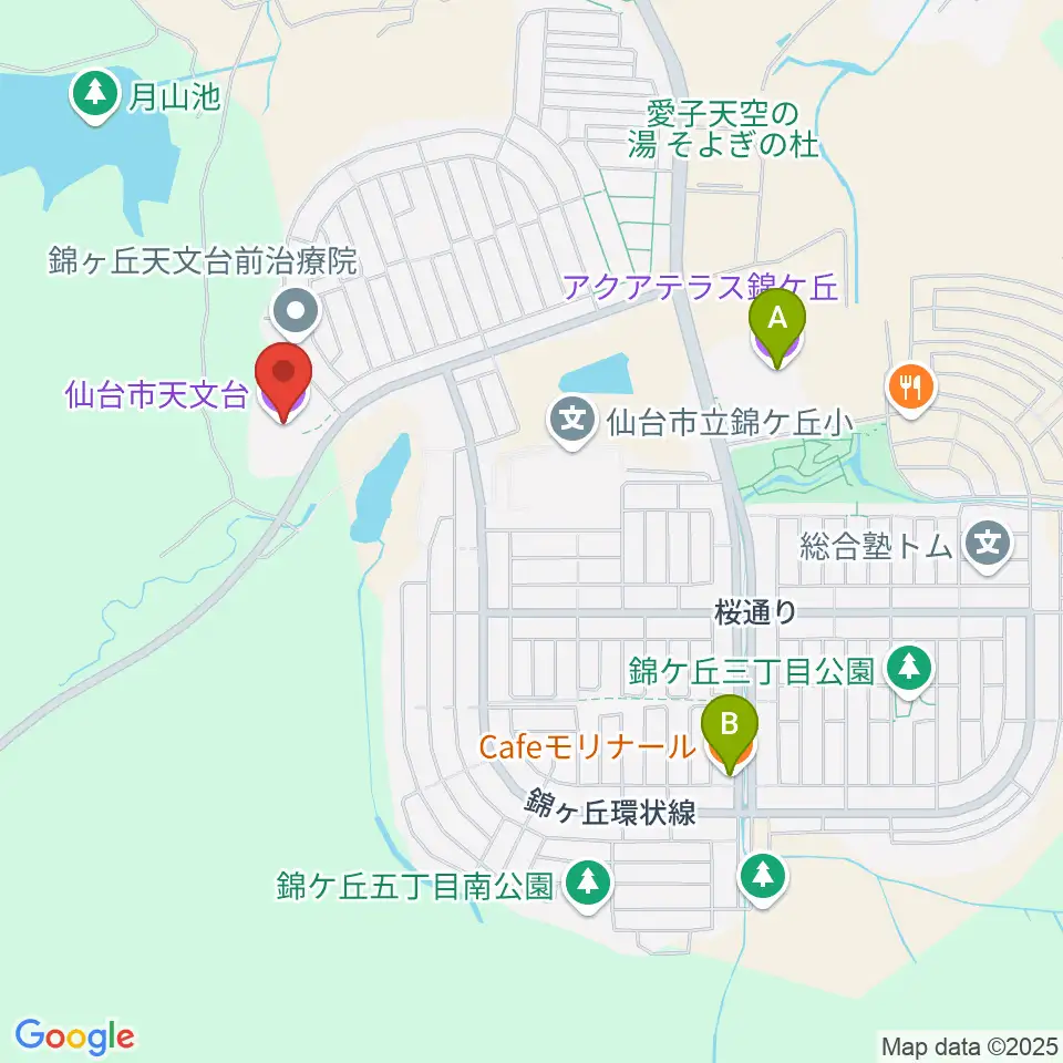 仙台市天文台周辺のカフェ一覧地図