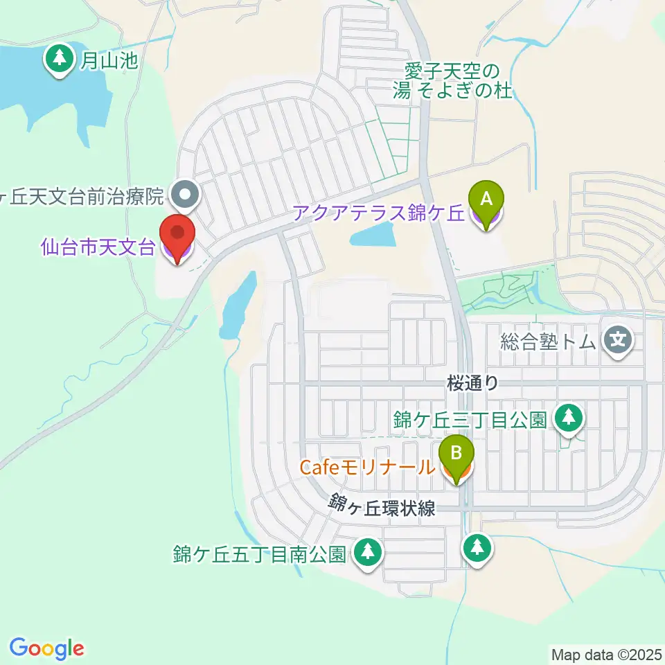 仙台市天文台周辺のカフェ一覧地図