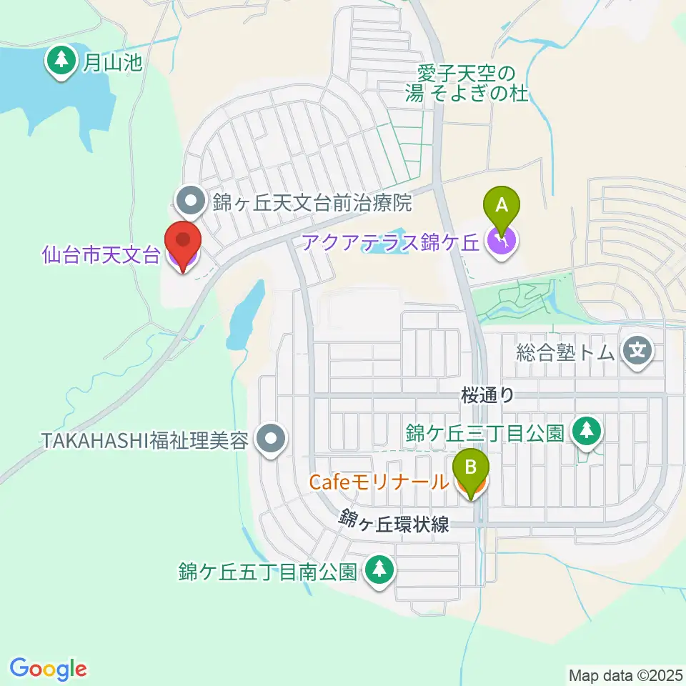 仙台市天文台周辺のカフェ一覧地図