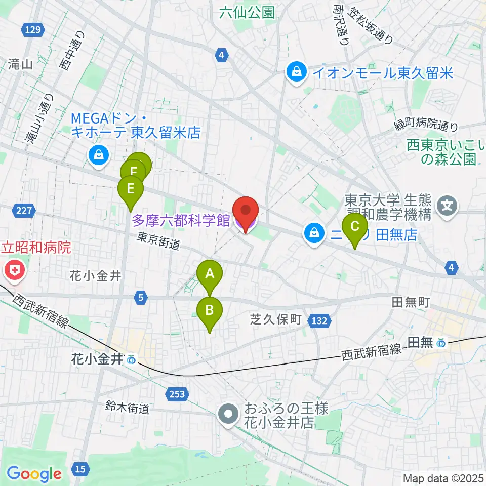 多摩六都科学館周辺のカフェ一覧地図