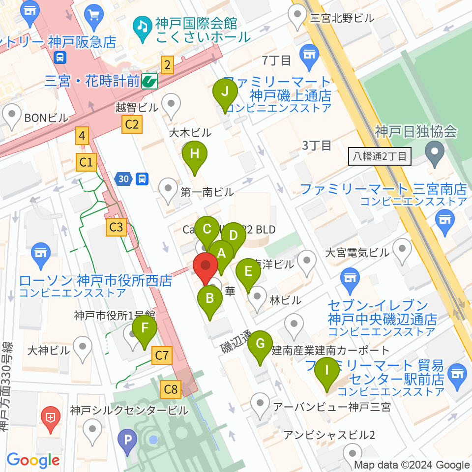 プラスミュージック神戸三宮周辺のカフェ一覧地図